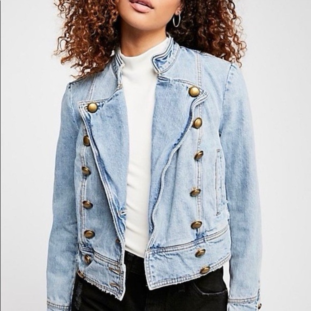 Free People Womens Ferry Cotton Denim Jacket Miltary Style Size XS